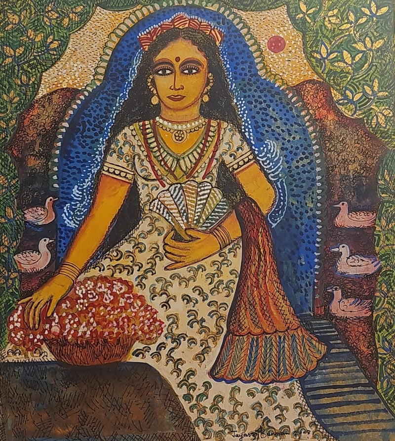 'Untitled 1' figurative mixed-media painting by artist Jayasri Burman, 11x10 inch, on paper