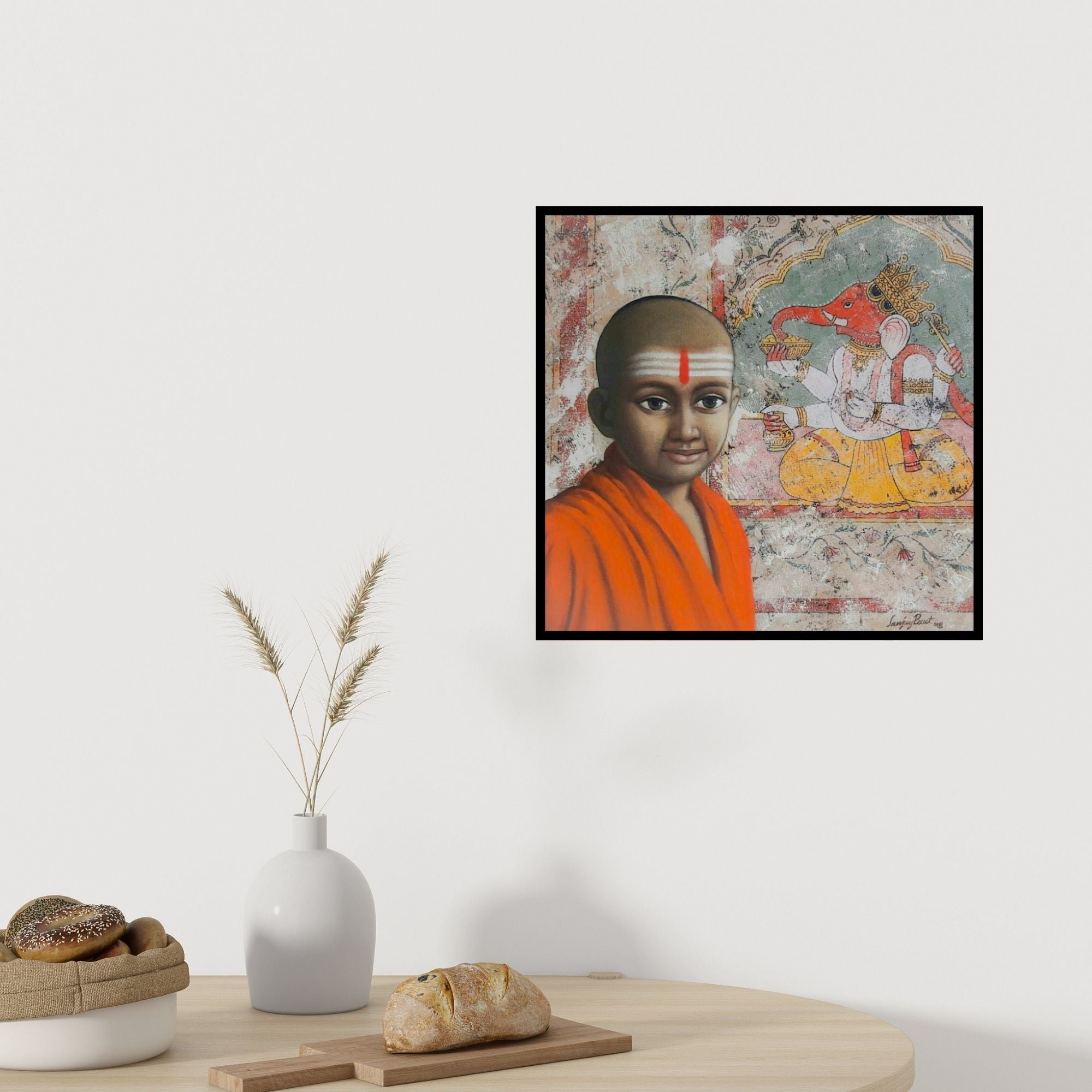 Preview of 'Untitled 1 (Young Saint at Ganesha Wall)' Painting by Sanjay Raut shown on a wall in a furnished room.
