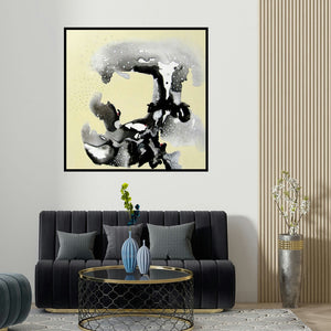 Huma Khan's 'Untitled 1 (Whispers of the Unseen: An Abstract Exploration)' painting visualized above a sofa in a contemporary room.