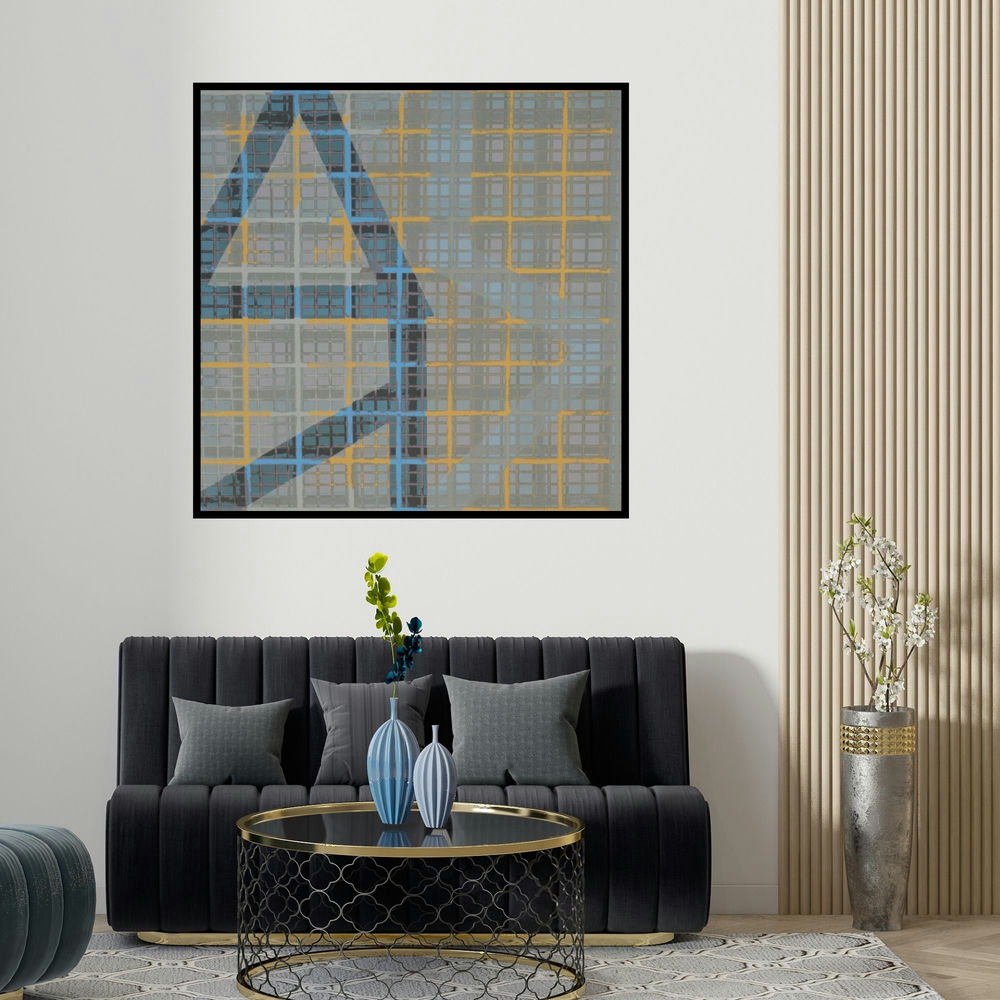 Prashant Anasane's 'Untitled 1 (Gridwork)' painting visualized above a sofa in a contemporary room.