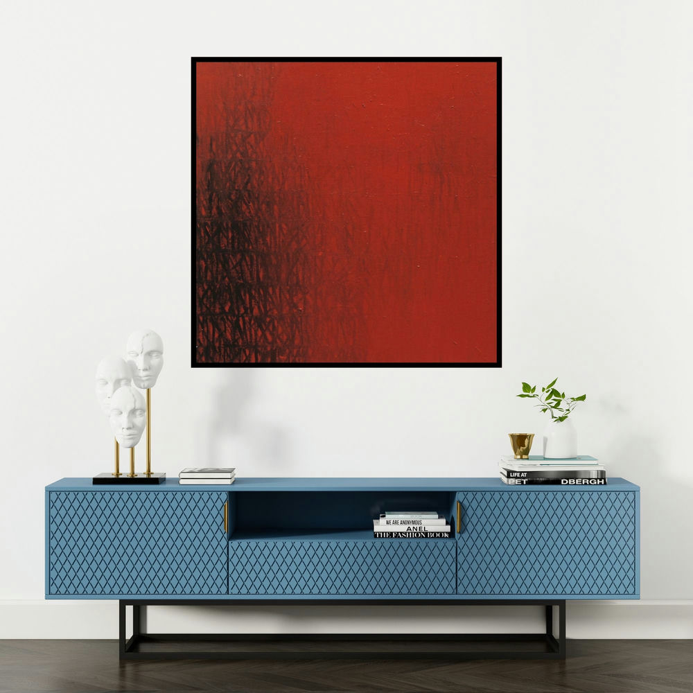 'Untitled 1 (Crimson Tide)' painting by Girish Udkude shown on a wall in a furnished room.