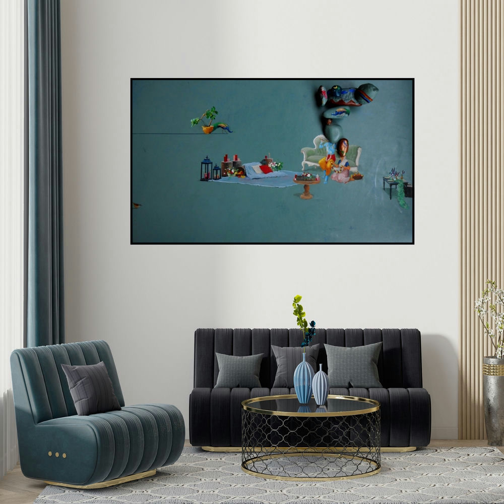 Pragnesh Patel's 'Untitled 1 (Celestial Embrace)' painting visualized above a sofa in a contemporary room.