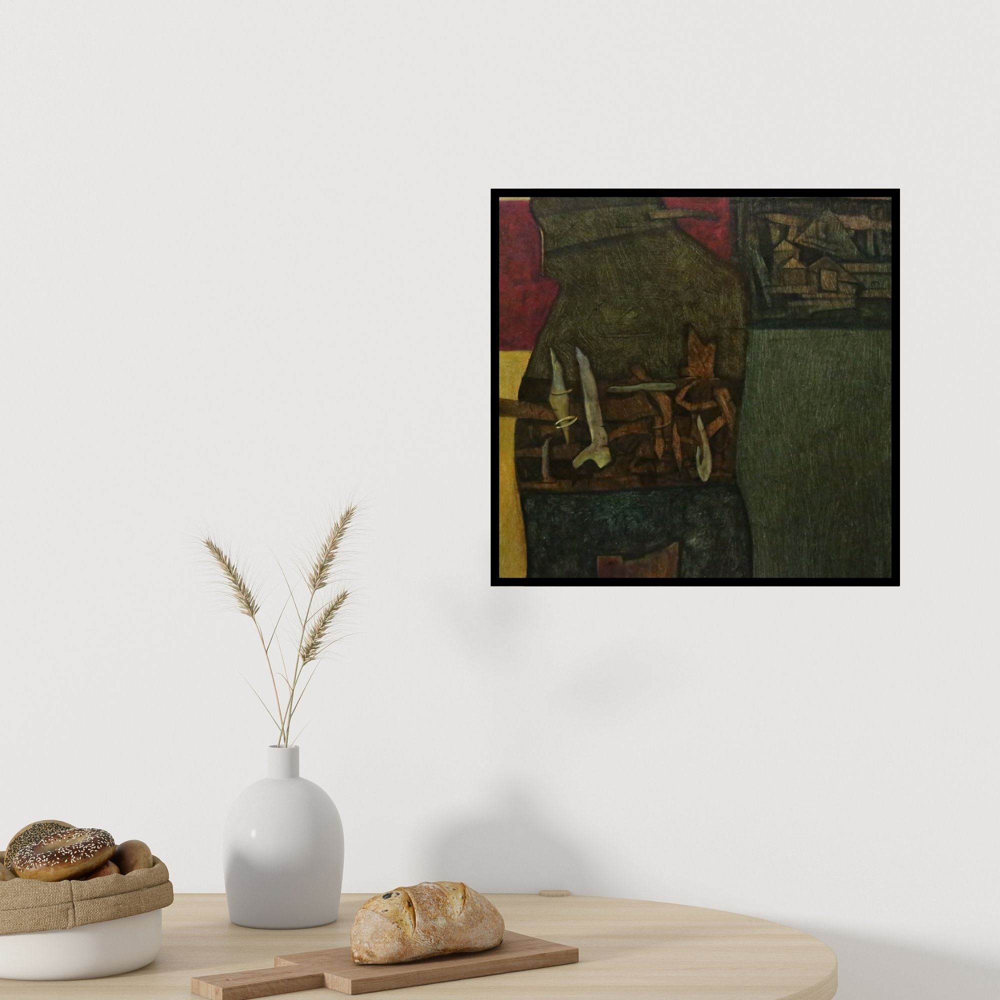 Preview of 'Untitled 1 (Earth and Sky: An Abstract Composition)' Painting by Umesh Bhoi shown on a wall in a furnished room.