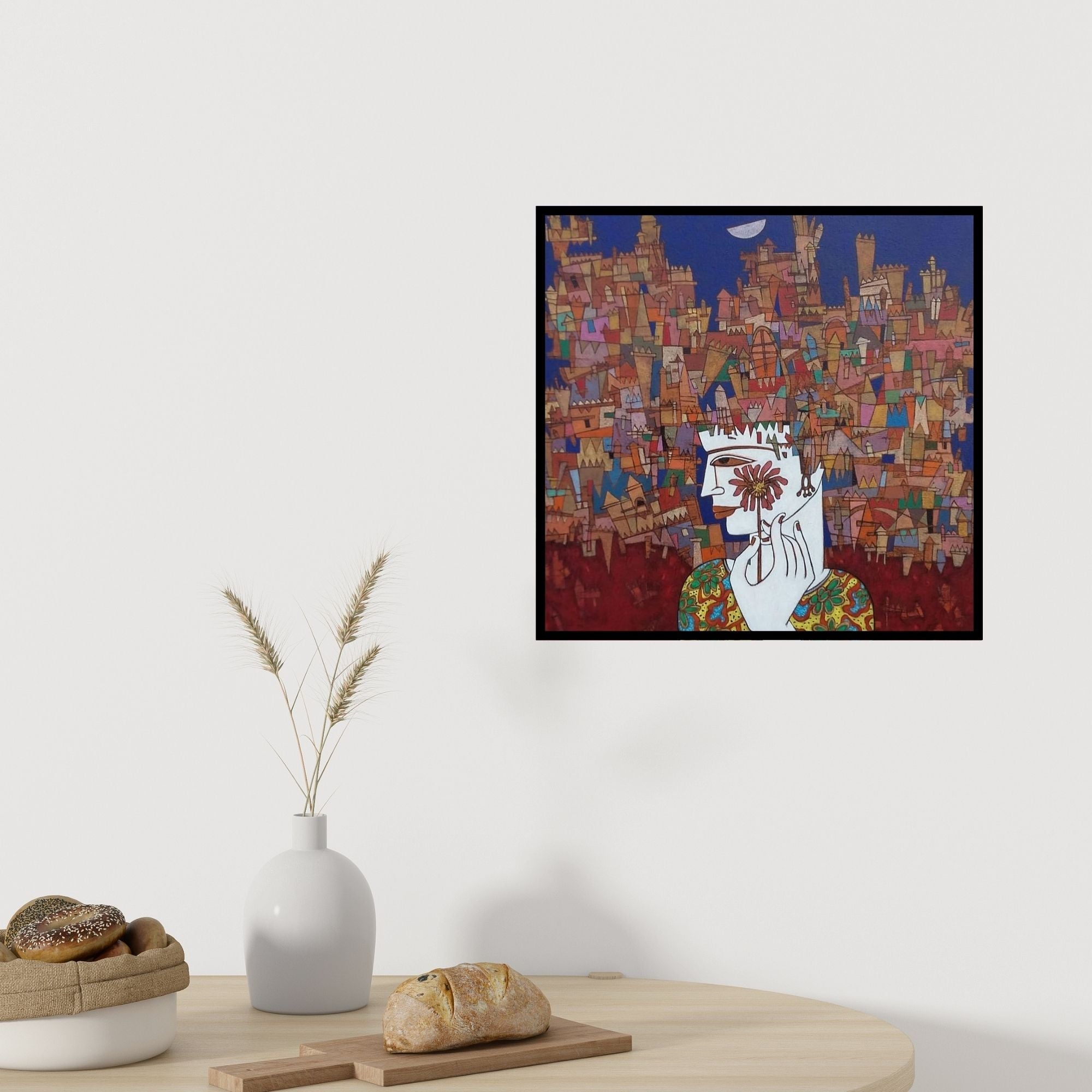 Preview of 'Untitled 1 (Dreams of the City)' Painting by Biswajit Mondal shown on a wall in a furnished room.