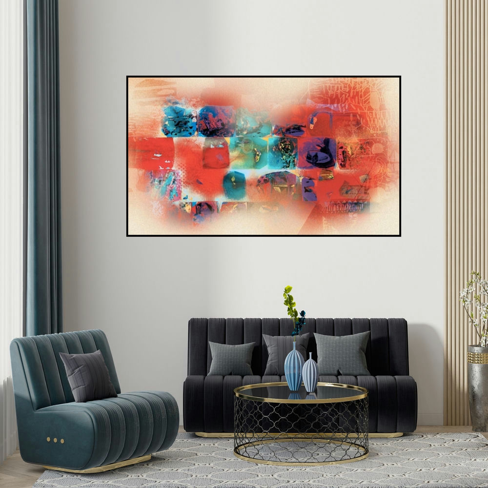 Sunil Balkawade's 'Untitled 1 (Memories of a City)' painting visualized above a sofa in a contemporary room.