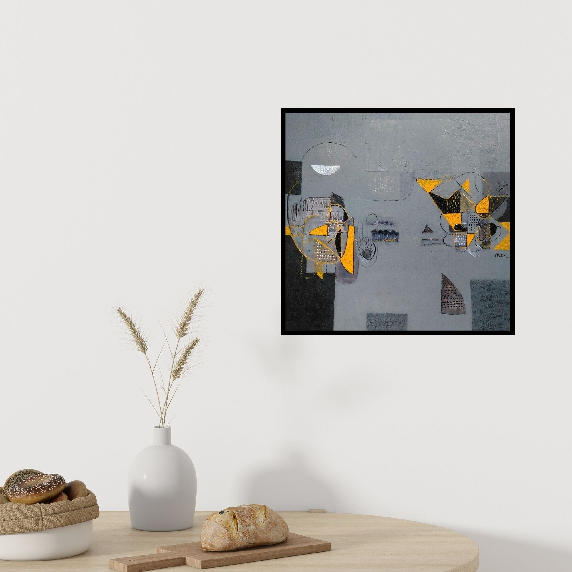 Preview of 'Untitled 1 (Gray and Gold Composition)' Painting by Vivek Nimbolkar shown on a wall in a furnished room.