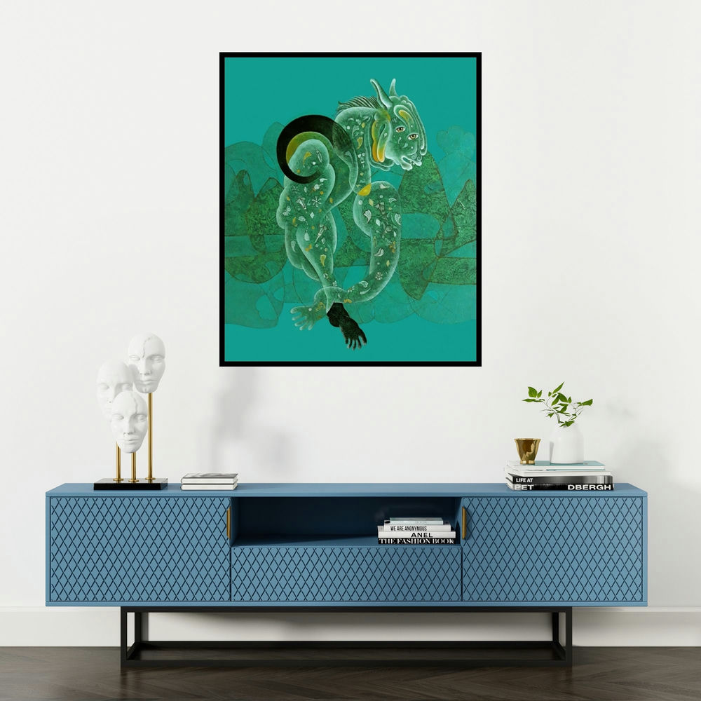 Dharmendra Kumar's 'Untitled 1 (The Dreamer)' painting visualized above a sofa in a contemporary room.