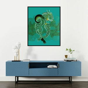 Dharmendra Kumar's 'Untitled 1 (The Dreamer)' painting visualized above a sofa in a contemporary room.