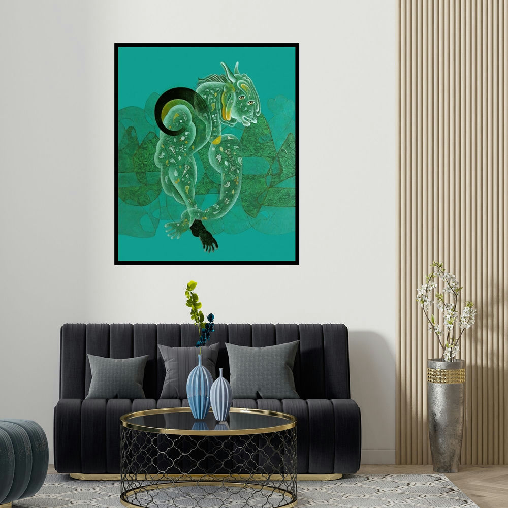 'Untitled 1 (The Dreamer)' painting by Dharmendra Kumar shown on a wall in a furnished room.