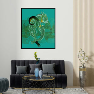 'Untitled 1 (The Dreamer)' painting by Dharmendra Kumar shown on a wall in a furnished room.