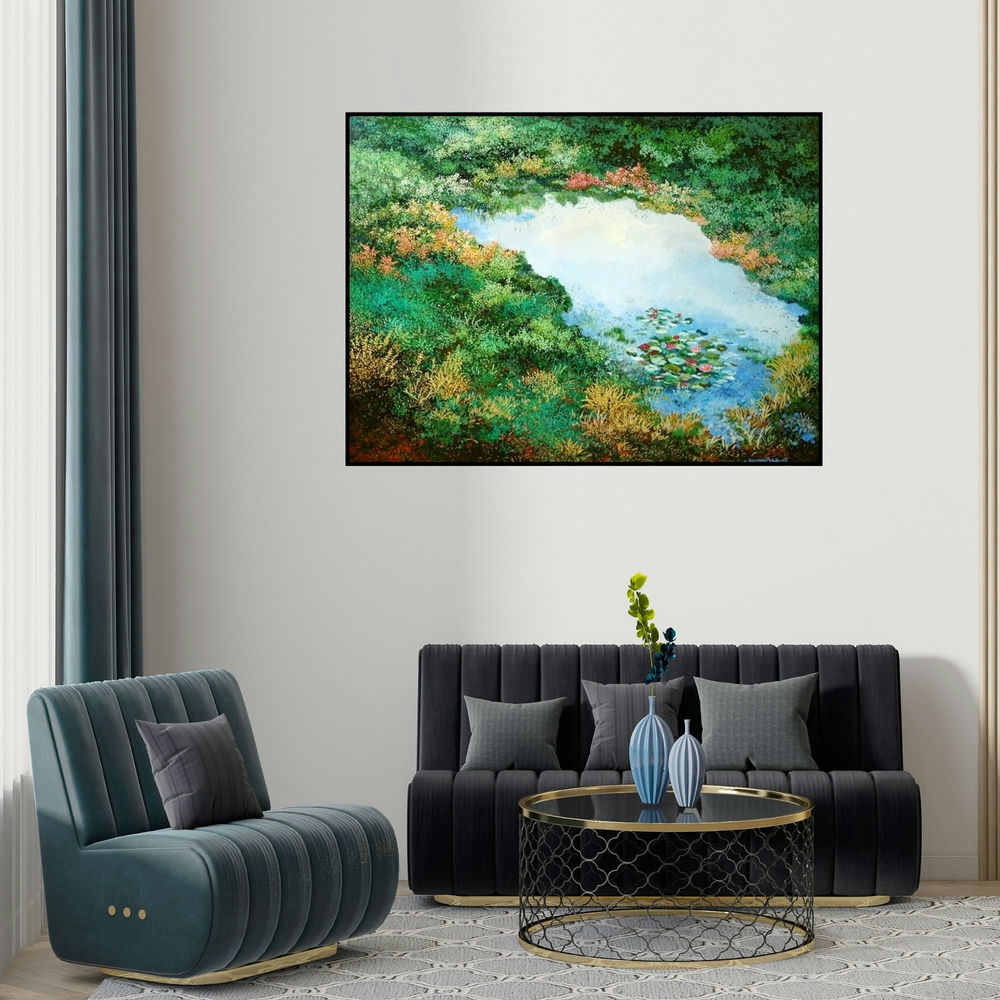 Surya Prakash's 'Untitled 1 (Tranquil Pond)' painting visualized above a sofa in a contemporary room.