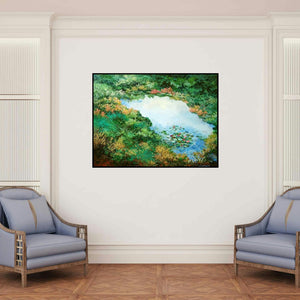 'Untitled 1 (Tranquil Pond)' painting by Surya Prakash shown on a wall in a furnished room.