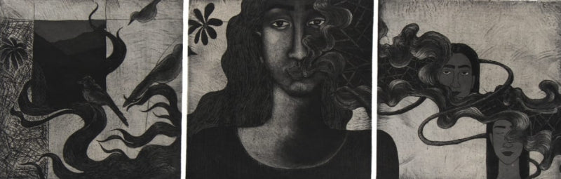 Untitled 1 (Triptych)' figurative etching & aquatint printmaking by artist Ranju Kumari, 6x20 inch, on paper