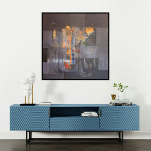 'Untitled 10 (Night Reverie)' painting by Vivek Nimbolkar shown on a wall in a furnished room.