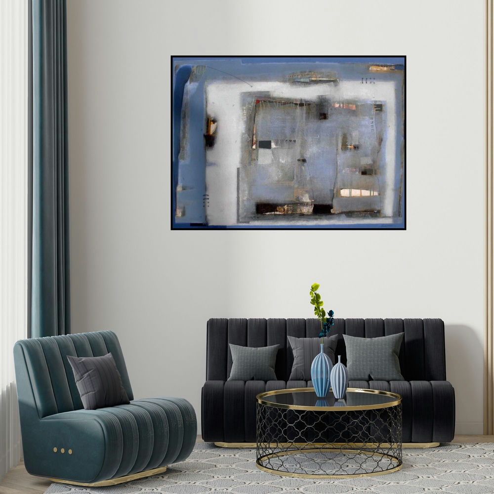 'Untitled 10 (Blue Abstraction)' painting by Sachin Pakhale shown on a wall in a furnished room.