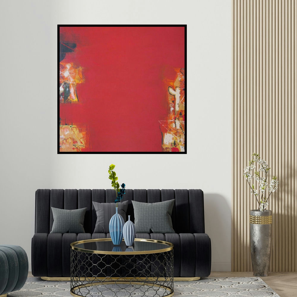 Ravindra Pawar's 'Untitled 10 (Crimson Field)' painting visualized above a sofa in a contemporary room.