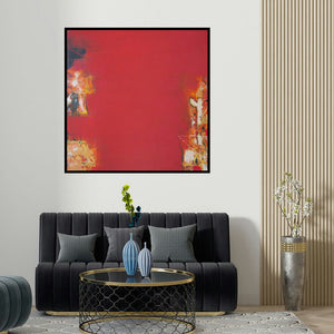 Ravindra Pawar's 'Untitled 10 (Crimson Field)' painting visualized above a sofa in a contemporary room.