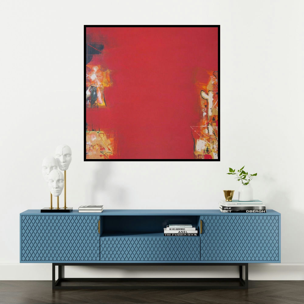 'Untitled 10 (Crimson Field)' painting by Ravindra Pawar shown on a wall in a furnished room.