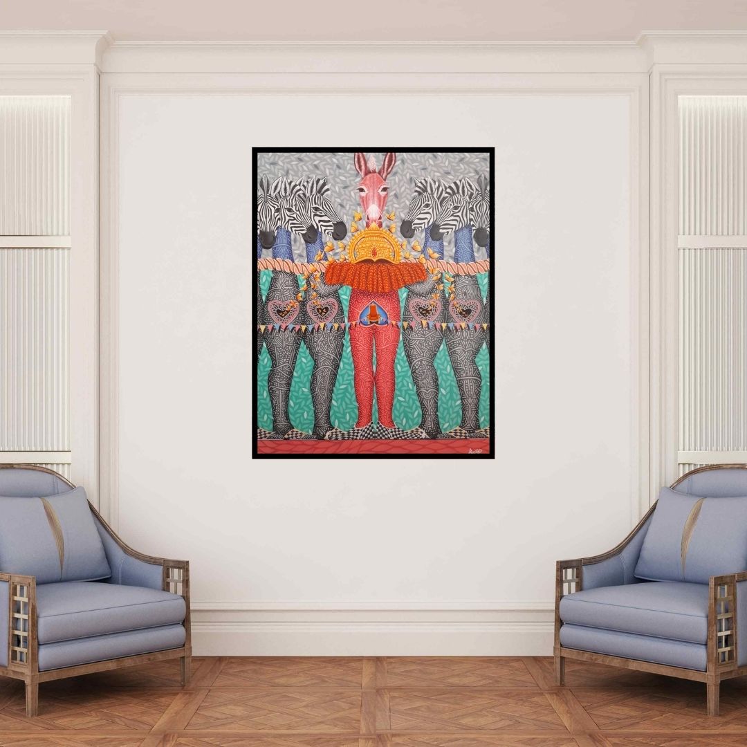 In-situ view of Arvind Dubey's 'Untitled 10 (Donkey and Zebras)' painting in a room