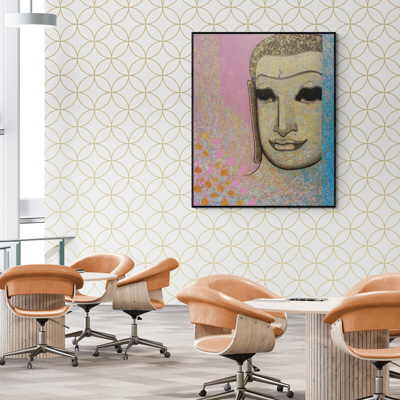 Preview of 'Untitled 10 (Golden Buddha)' Painting by Prakaash Chandwadkar shown on a wall in a furnished room.