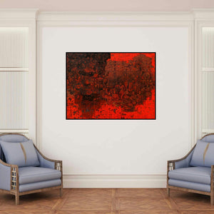 'Untitled 10 (The Red Collective)' painting by Swati Sable shown on a wall in a furnished room.
