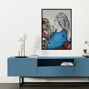 'Untitled 10 (The Serene Connection)' painting by Rajesh Salagaonkar shown on a wall in a furnished room.