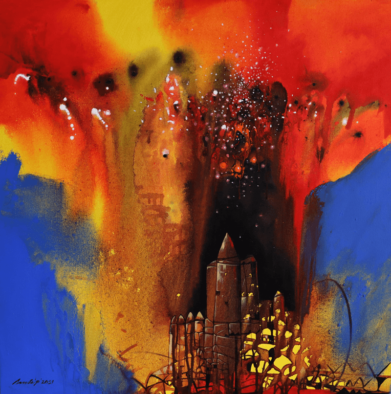 Untitled 10' abstract acrylic painting by artist Pradip Sengupta, 30x30 inch, on canvas