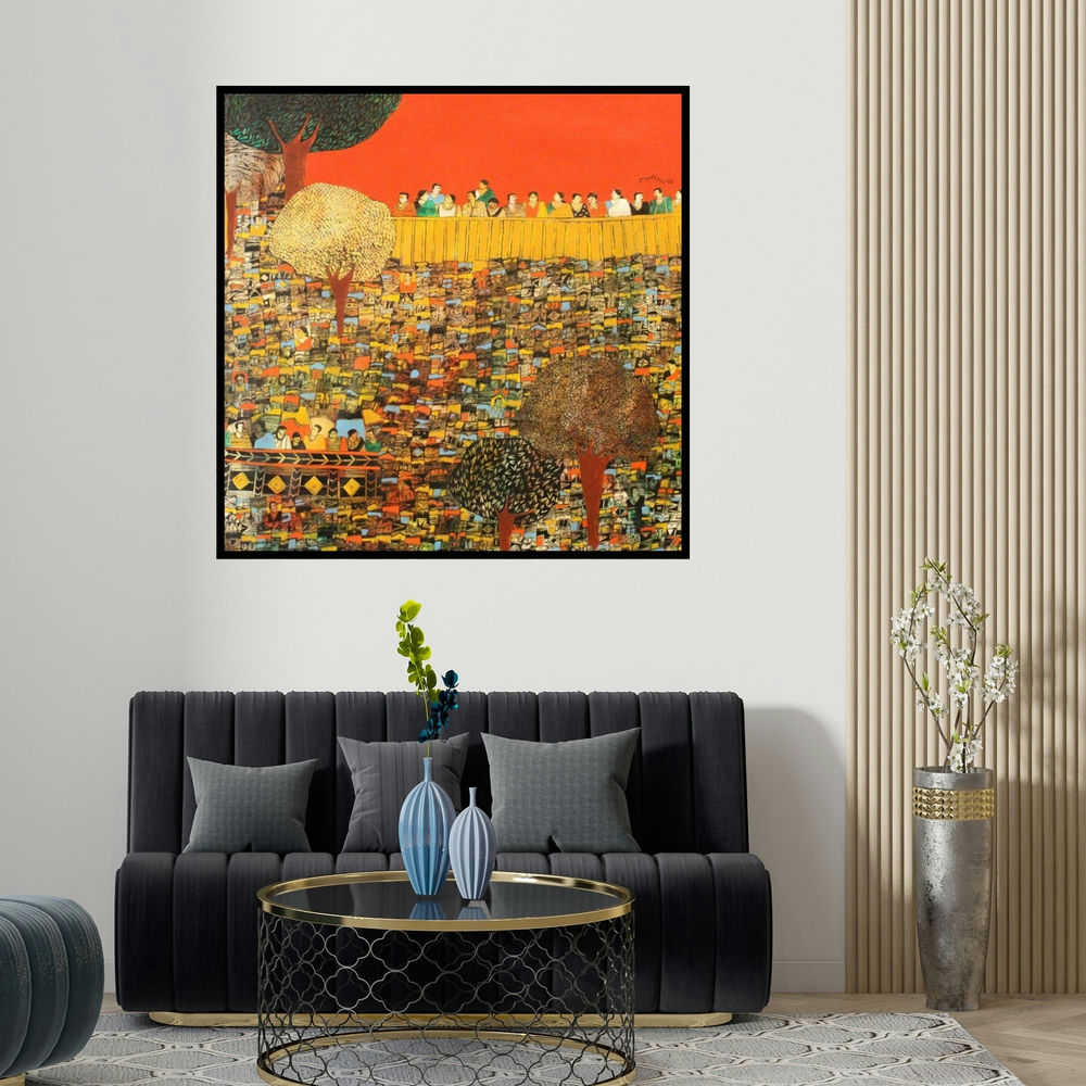 Rama Krishna V's 'Untitled (Cityscape Serenade)' painting visualized above a sofa in a contemporary room.