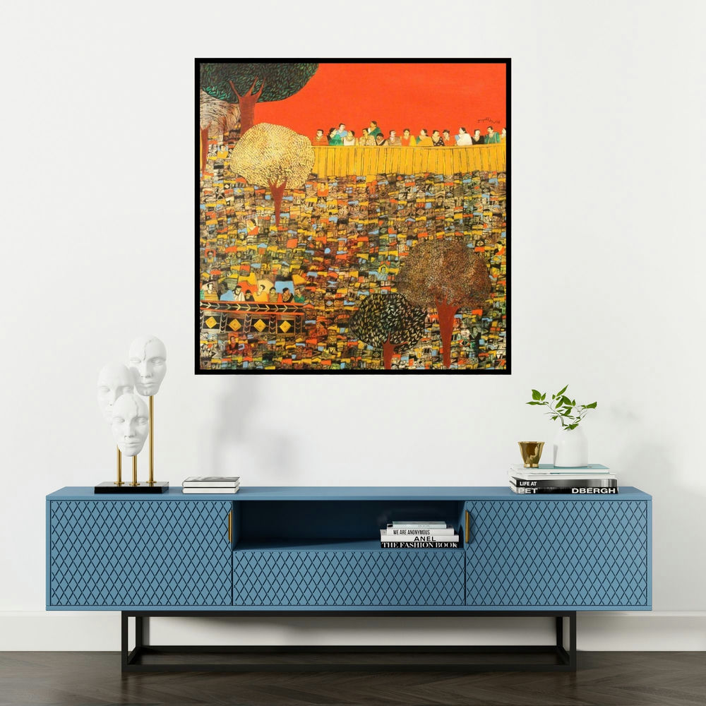 'Untitled (Cityscape Serenade)' painting by Rama Krishna V shown on a wall in a furnished room.