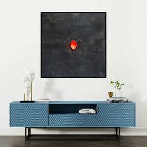 'Untitled 101 (Red Vessel)' painting by Sandesh Khule shown on a wall in a furnished room.