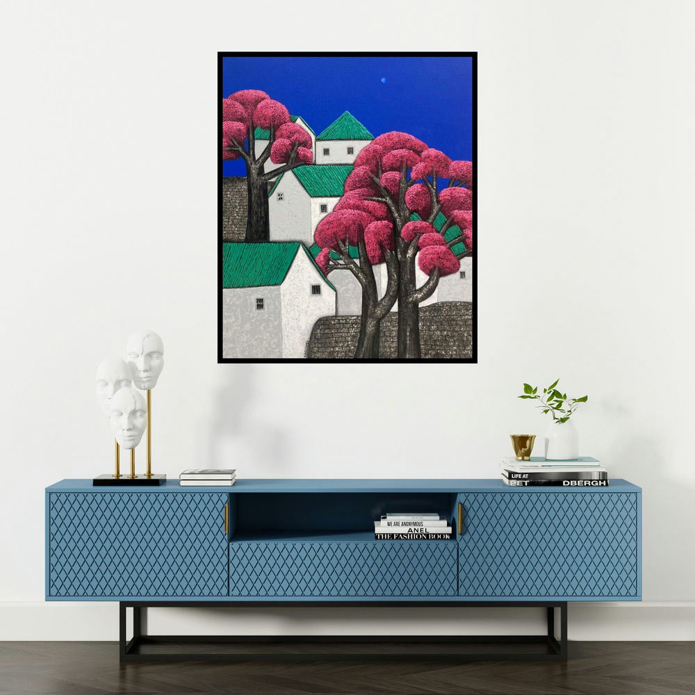 Nagesh Ghodke's 'Untitled 101' painting visualized above a sofa in a contemporary room.