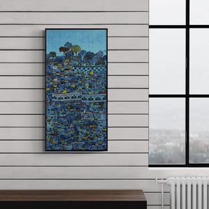 Preview of 'Untitled (Urban Tapestry)' Painting by Rama Krishna V shown on a wall in a furnished room.