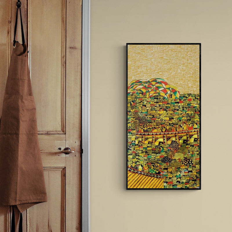 In-situ view of Rama Krishna V's 'Untitled (Urban Mosaic)' painting in a room