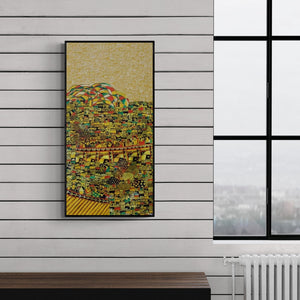 Preview of 'Untitled (Urban Mosaic)' Painting by Rama Krishna V shown on a wall in a furnished room.