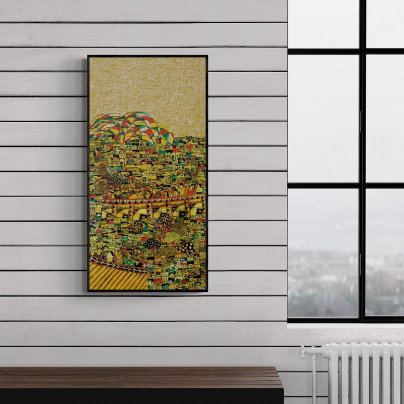 Preview of 'Untitled (Urban Mosaic)' Painting by Rama Krishna V shown on a wall in a furnished room.