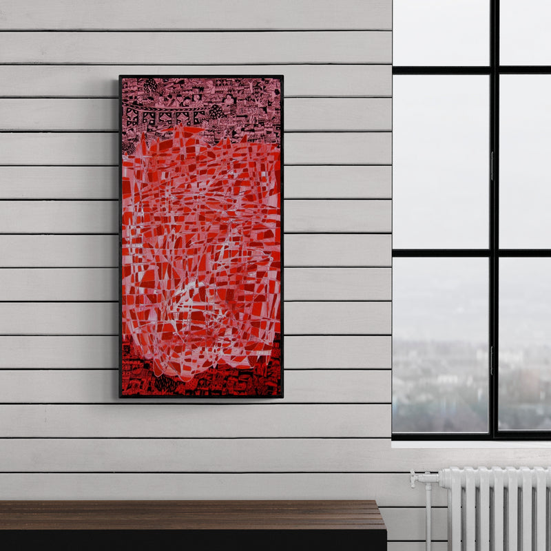 Preview of 'Untitled (Crimson Maze)' Painting by Rama Krishna V shown on a wall in a furnished room.