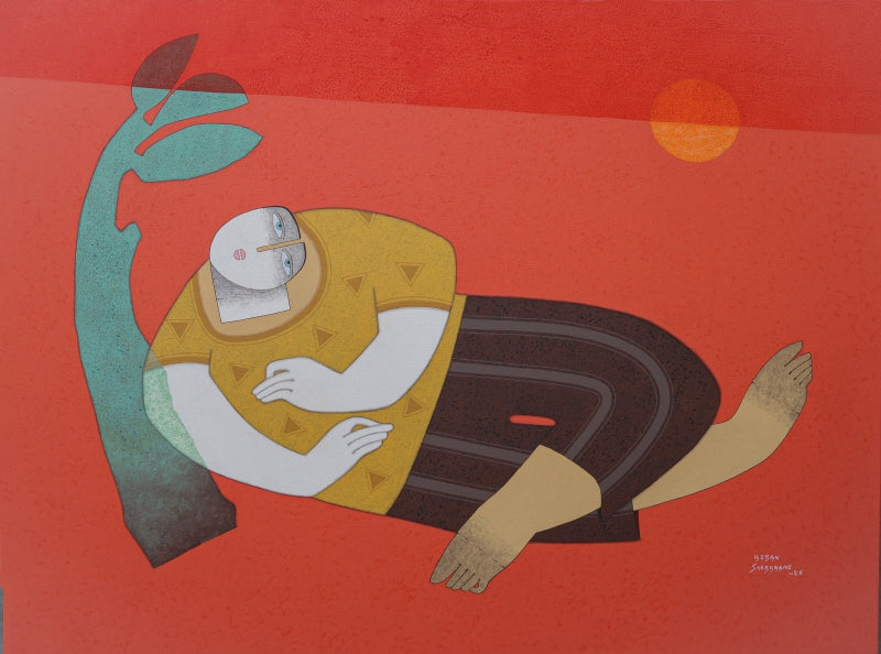 Untitled 11' figurative acrylic-charcoal painting by artist Kiran Sherkhane, 36x48 inch, on canvas