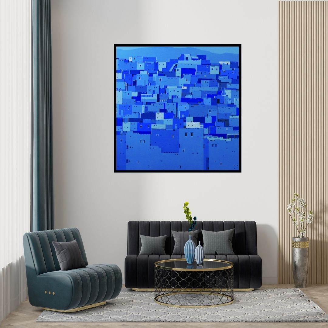 Preview of 'Untitled 11' Painting by Madan Pawar shown on a wall in a furnished room.