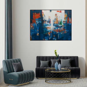 Stalin Joseph's 'Untitled 11 (Abstract Composition)' painting visualized above a sofa in a contemporary room.