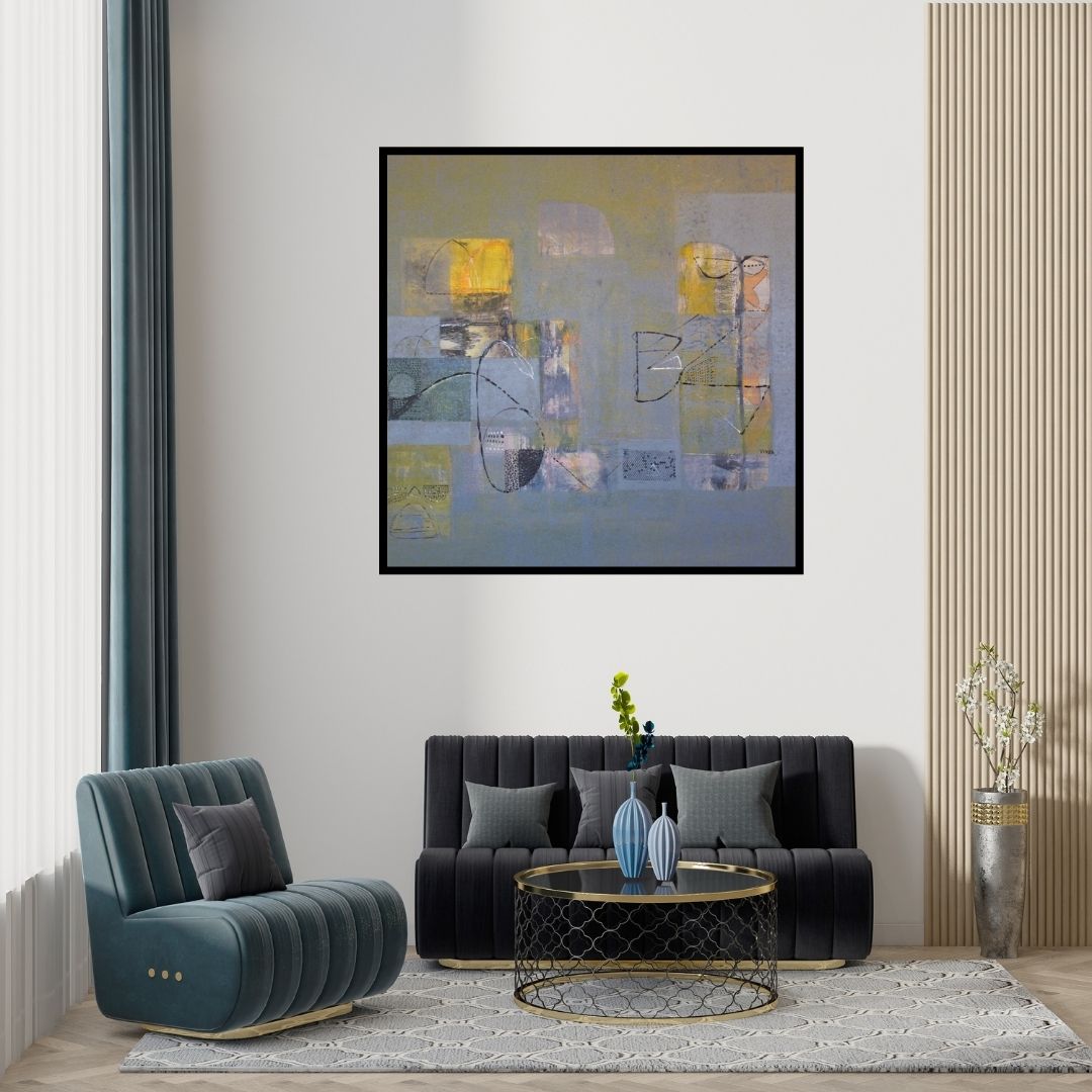 Preview of 'Untitled 11 (Abstract Composition in Earthy Tones)' Painting by Vivek Nimbolkar shown on a wall in a furnished room.