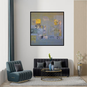 Preview of 'Untitled 11 (Abstract Composition in Earthy Tones)' Painting by Vivek Nimbolkar shown on a wall in a furnished room.