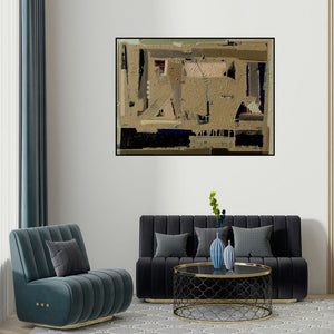 'Untitled 11 (Earthen Echoes)' painting by Sachin Pakhale shown on a wall in a furnished room.