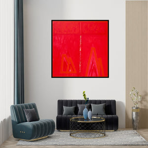 Preview of 'Untitled 11 (Vermillion Rift)' Painting by Ramesh Anand shown on a wall in a furnished room.
