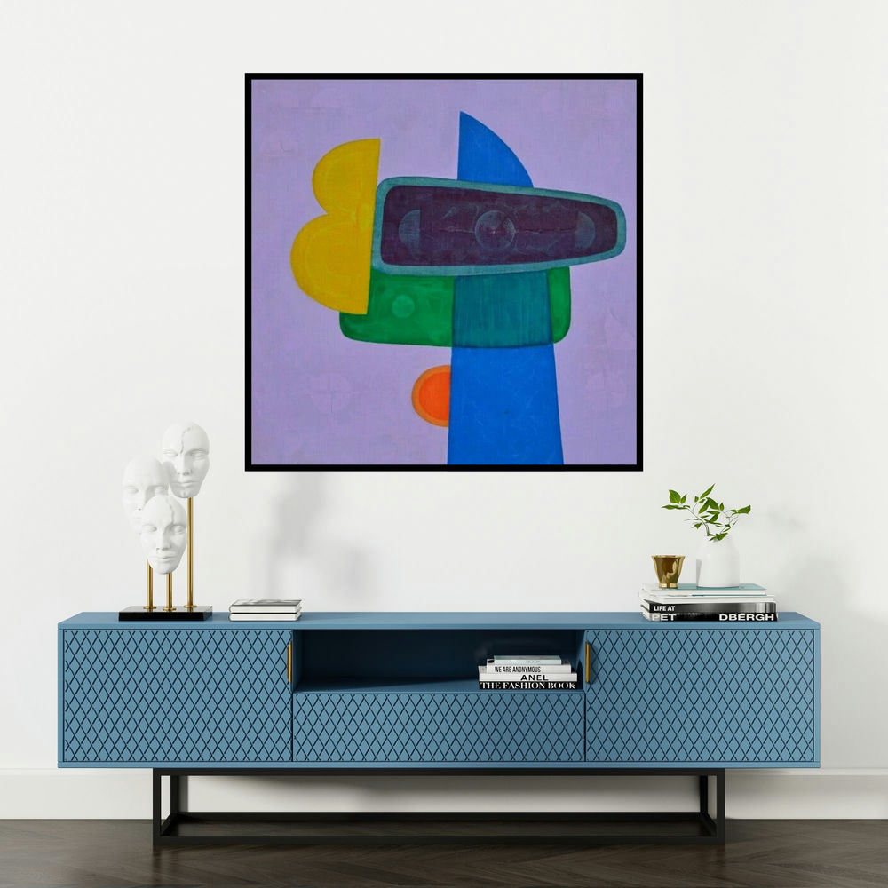 'Untitled 11 (Violet Symphony: An Abstract Composition)' painting by Bhushan Vaidhya shown on a wall in a furnished room.