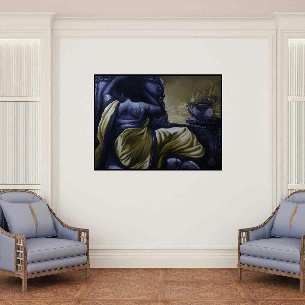 'Untitled 11 (Awaiting the Divine)' painting by Arya Chowdhury shown on a wall in a furnished room.