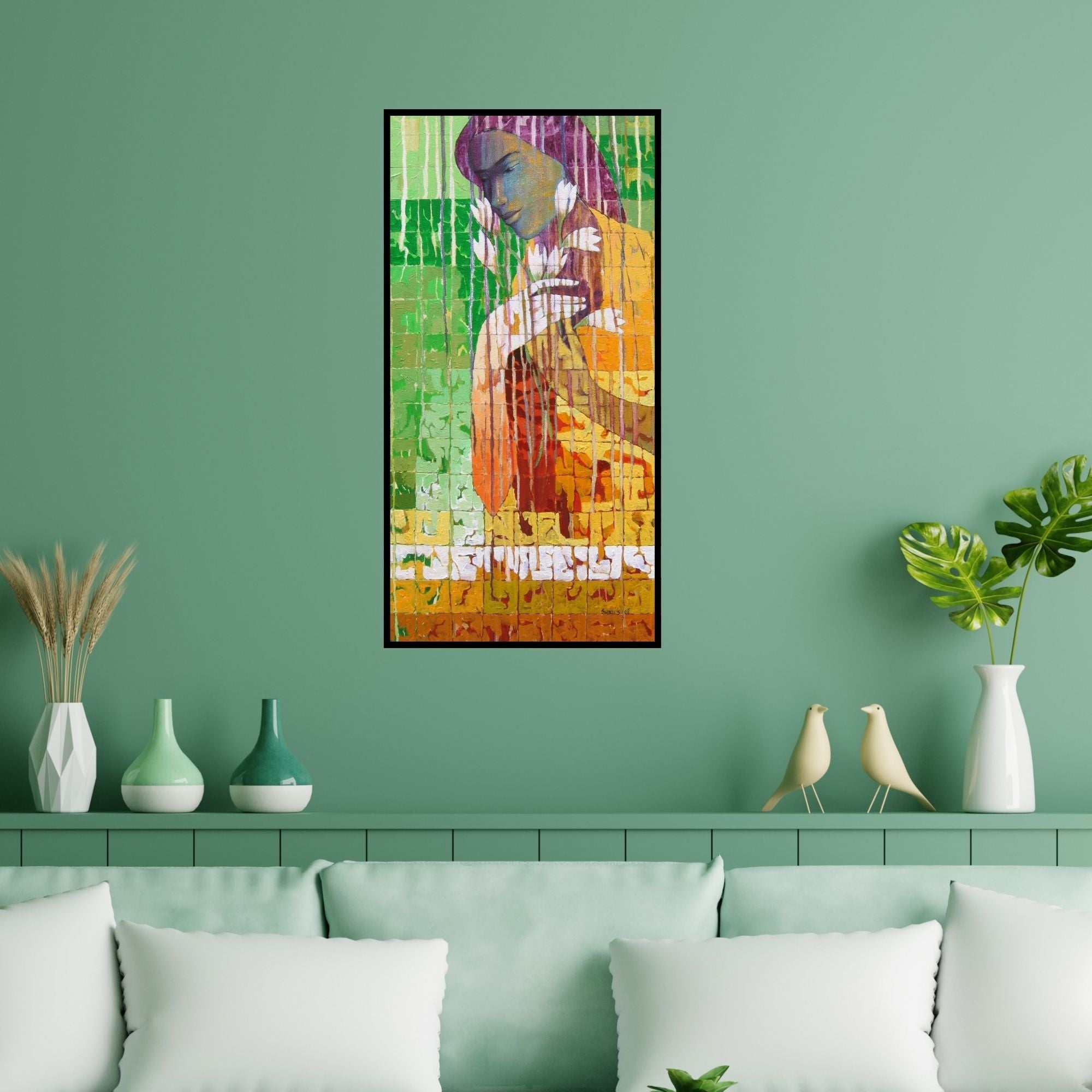 Preview of 'Untitled 11 (A Floral Reverie)' Painting by Swati Sable shown on a wall in a furnished room.