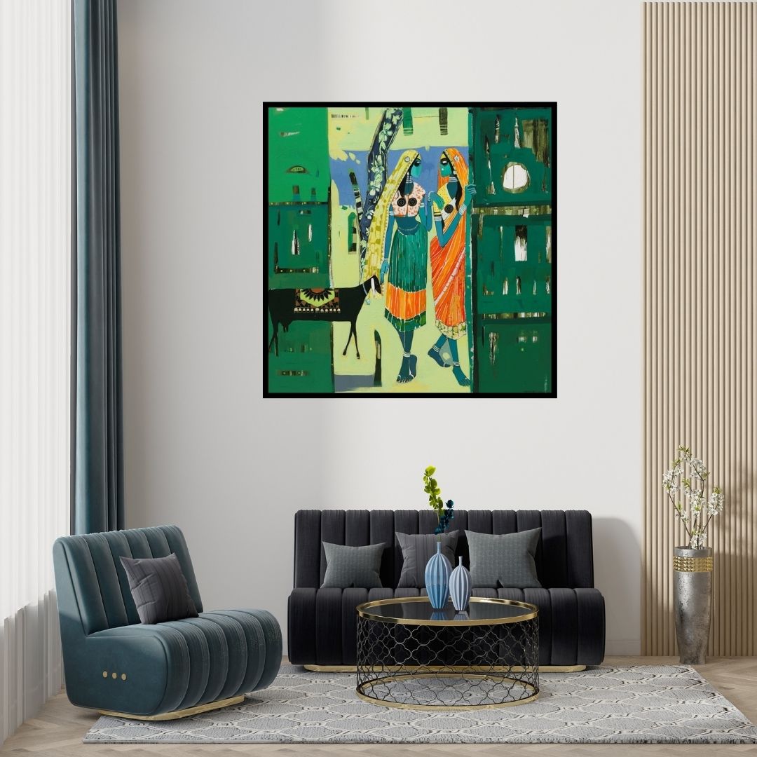 Preview of 'Untitled 11 (A Village Encounter)' Painting by Vaishali Patil shown on a wall in a furnished room.