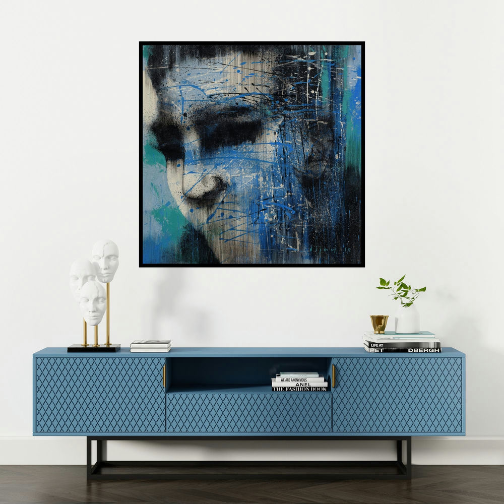 'Untitled 11 (Pensive Shadows)' painting by Vijay Shelar shown on a wall in a furnished room.