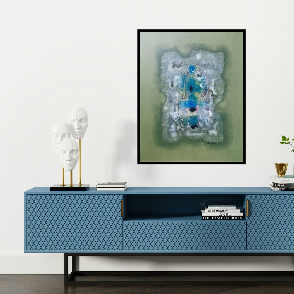 'Untitled 11 (Emergence of Form)' painting by Jai Chouhan shown on a wall in a furnished room.