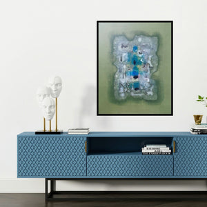 'Untitled 11 (Emergence of Form)' painting by Jai Chouhan shown on a wall in a furnished room.